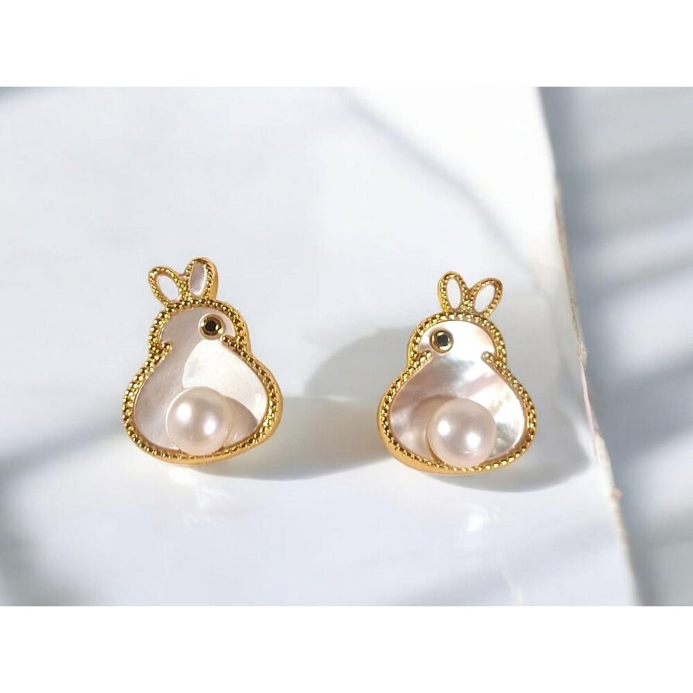 Mother of Pearl Bunny Stud Earrings, Real Freshwater Pearl Shell Earrings, 14K G